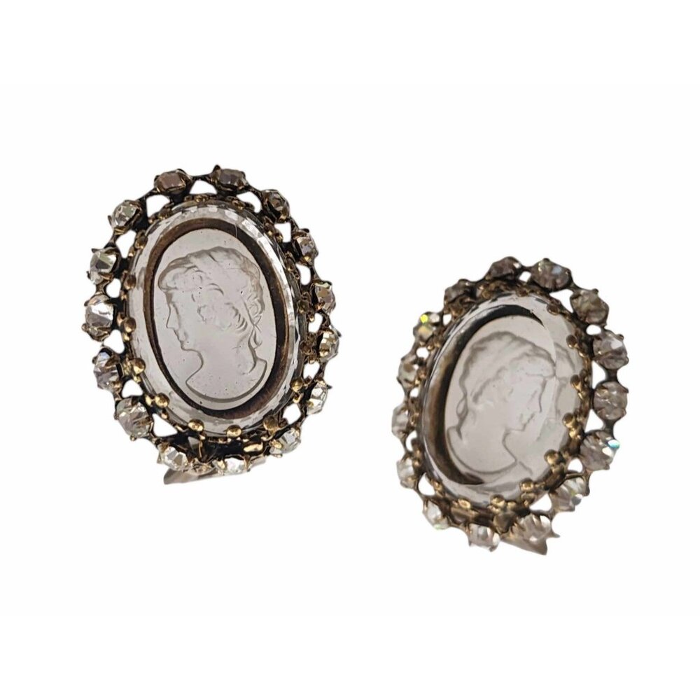 Vintage Signed W Germany Glass Cameo Clip Earrings (A5801)